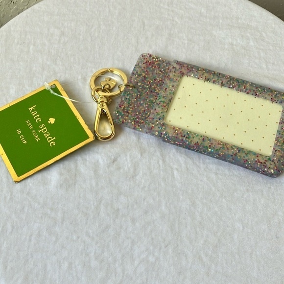 Kate Spade:Why Hello There ID clip-Multi Glitter- Gold tone- 5”x3”-has tiny mark - Picture 1 of 16